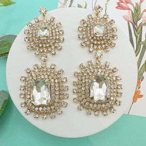 Gold Tone Deco Glam Bridal Chandelier Earrings